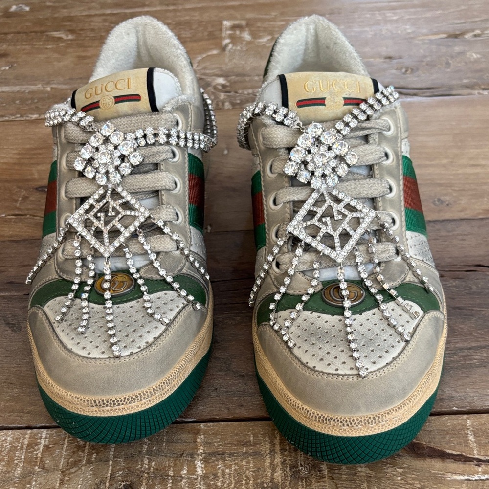 GUCCI Screener Suede Distressed Leather & Canvas Sneakers w/Crystal Chains
